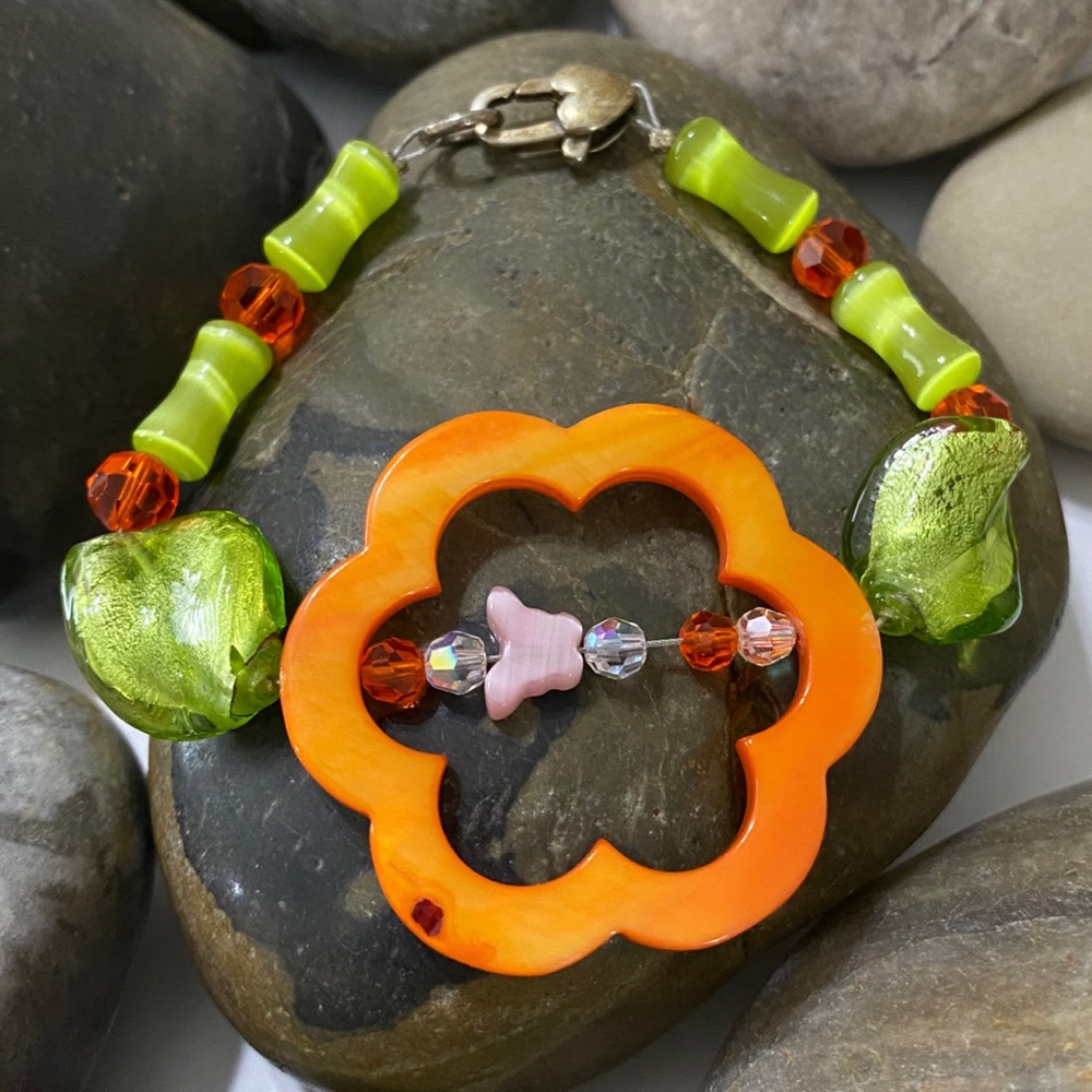 Artian Floral Orange & Green Abalone Swarovski crystal Cats Eye Child Bracelet